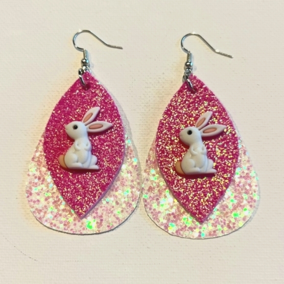 Dynamic Duo Designs Jewelry - Barbie Pink Bunny Rabbit Glitter Earrings  Easter Brand New